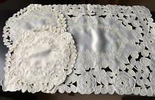 SET 3 VINTAGE OFF WHITE POLYESTER TABLE MATS/DOILIES ~FLORAL EMBROIDERY 15