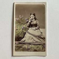 Antique CDV Photograph Beautiful Young Woman Great Tinted Flowers Ingersoll CA picture