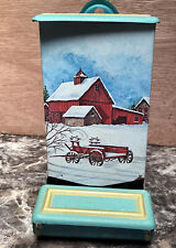 JASCO Vintage Metal Match Box Holder Blue with Snowy Red Barn and Wagon picture