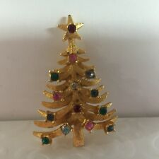 VINTAGE MYLU GOLDTONE CHRISTMAS TREE W/ MULTI COLORED RHINESTONE W/ STAR ON TOP picture