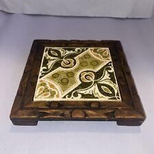 Vintage Retro Green Mexican Tile & Hand Carved Footed Wood Trivet Plant Stand 6” picture