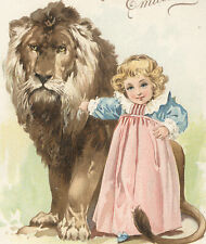 1894 SCOTT'S EMULATION TRADE CARD, STRENGTH & BEAUTY, SM GIRL & LARGE LION  V883 picture