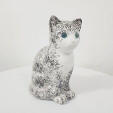 Vintage Elpa Alcobaca Portugal Ceramic Cat White Gray With Green Glass Eyes  picture