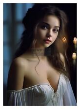 GORGEOUS YOUNG SEXY MODEL WITH BROWN HAIR IN WHITE DRESS 5X7 FANTASY PHOTO picture