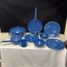 ENAMELWARE BLUE WHITE SPECKLED METAL CAMPING DISHES cookware Set Of 18 picture