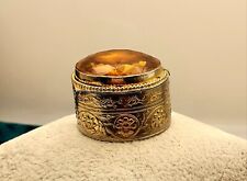 Vintage Italy Gold Vermeil Trinket Snuff Pill Box-Faceted Amber Glass Jewel Top picture
