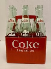 Vintage Diet Coke Bottles (6) & Plastic Crate 1 Pint Green Tint Glass picture