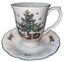 XTRA TALL Coffee Mug Cup & Saucer NIKKO CHRISTMAS “Happy Holidays” White RARE picture