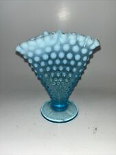 Vintage Fenton Unmarked Blue Opalescent  Hobnail Fan Vase Art Glass Ruffled Edge picture