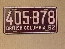 1962 BRITISH COLUMBIA BC CANADA LICENSE PLATE # 405 878 PINK AND WINE COLOR picture