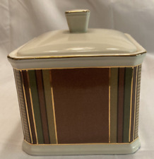 Vintage Striped Porcelain Small Square Cannister Jar With Lid Gold Trim picture