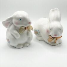 Set of Two Vintage Easter Bunny Rabbit White Ceramic Floral Pattern Figurines picture