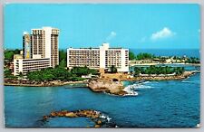 San Juan Puerto Rico Caribe Hilton Hotel Oceanfront Chrome Cancel WOB Postcard picture