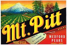 ORIGINAL MT. PITT PEAR CRATE LABEL FRUIT BOX MEDFORD OREGON VINTAGE FULL 1940S picture