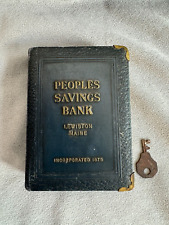 Vintage Metal Book Bank “Peoples Savings Bank, Lewiston Maine” & Key picture