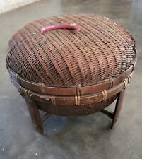Antique Asian Japanese Chinese Woven Wicker Footed Storage Basket Lidded 12