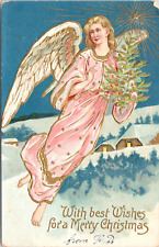 c1910s Merry Christmas Angel W Pink Robe Starry Night Postcard 834b picture