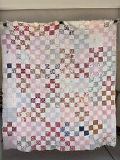 Antique VTG 30s 40s Hand Sewn Cutter Quilt 9 Patch Flour Grain Feed Sack Worn picture