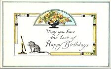 C.1920s Adorable Fluffy Cat In The Mirror Happy Birthday Postcard 822 picture