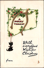 TUCK Antique CHRISTMAS POSTCARD Lucky GOLD WISHBONE Dangling BLACK CAT Charm  picture