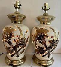 Pair Large 24 Karat Pierced Incised Ceramic Lily Blossom Double Light Lamps MCM picture
