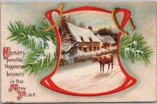 c1910s HAPPY NEW YEAR Embossed Postcard Cow / Winter Scene 