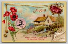 Birthday Sentiment August Virgo Ruby Poppy Flower Tuck Series Postcard R26 picture