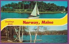 GREETINGS FROM NORWAY ME VTG CHROME PC TWO VIEWS LAKE SAILBOAT BIRCH TREES 1967 picture