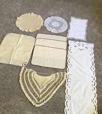 Vintage Linen Embroided Crochet Table Runner Doilies Dinner Napkins Lot of 10 picture