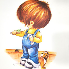 1970s Little Boy Wall Art Print Child Brush Teeth Puppy Dog 11 x 14 Lithograph picture