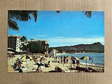 Postcard Hawaii Waikiki Beach Honolulu Moana Hotel Diamond Head Vintage PC picture
