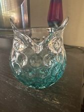 Blown Art Glass Owl Vase Candle Holder Blue Clear Ombre Blenko Style picture