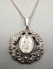 Vintage Miraculous Medal Pendant Necklace Sterling Silver Marcasite Mother Mary picture