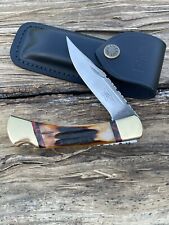 BUCK 110 LEROY REMER AMBER STAG HANDLES FILE WORKED RRR KNIVES picture