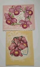 2 UNUSED Vtg ORCHIDS Peek Window GLITTER Mid Century POP OUT & Fold Out CARDS picture