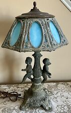 Antique 8 Panel Blue Slag Stained Glass Table Lamp Male & Female Cherubs Ornate picture