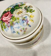 Vintage Round Trinket Music Box Floral w hinged Lid Plays “Somewhere My Love” picture