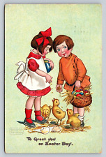 Raphael Tuck PC Artist Katharine Gassaway Children Feeding Chicken Hatched Eggs picture