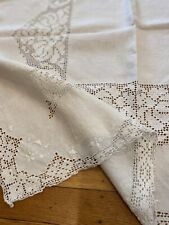 Antique French Natural heavy linen Drawn filet Lace embroidered Sq Tablecloth picture