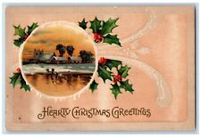 Christmas Postcard Greeting Holly Berries House Winter Embossed Germany c1910's picture