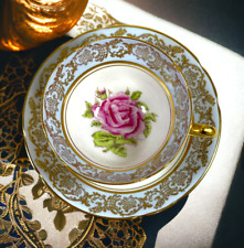 Vintage Stanley England Large Cabbage Rose Heavy Gold Gild Teacup & Saucer Set picture