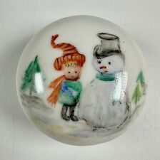 Vintage Porcelain Hand Painted Child with Snowman Trinket Ring Box picture