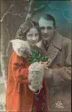 New Year Beautiful Woman Handsome Man French Tinted Real Photo Vintage PC picture