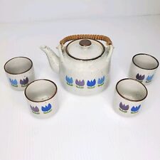 Otagiri Teapot Set Cups Stoneware Vines Blue Flowers Japan MCM Pottery Vtg Rare picture