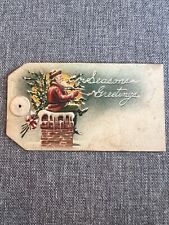 Antique/Vtg Box Santa Claus with Smoking Pipe Embossed Gift Tag WONDERFUL picture