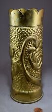 VINTAGE WW1 TRENCH ART SHELL VASE HAMMERED REPOUSSE' ROSE LEAVES SCALLOPED TOP picture