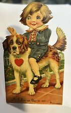 Vintage 1920s Mechanical Valentine Card Boy On Saint Bernard Dog picture