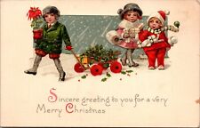 Winsch Christmas Postcard Antique Victorian Girl Boy Red Snowsuit Yellow Wagon picture