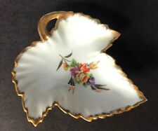 Cute Antique Limoges Trinket Dish Hand-painted Flowers Leaf Shape Gold Rim 4.5