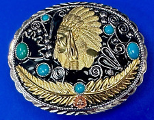 Gorgeous Native American Indian Chief in Headdress Sterling Silver belt buckle picture